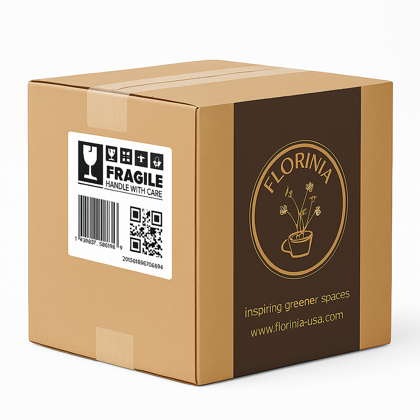 Cardboard box with a fragile label and Florinia branding on a white background