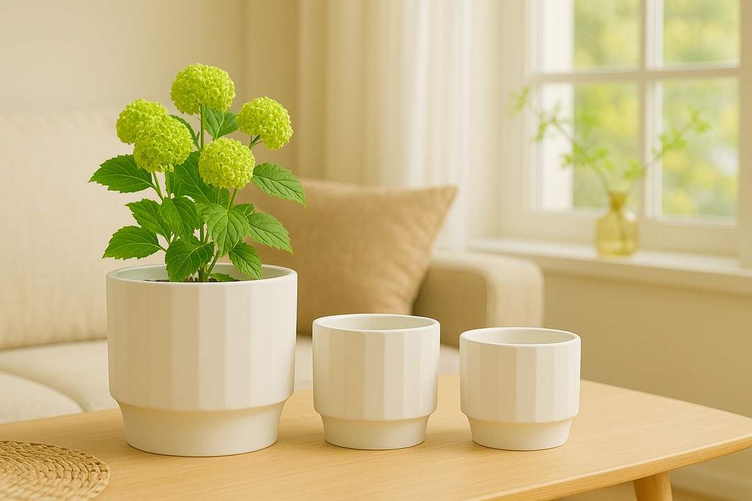 Three white ceramic planters with a ribbed texture, displayed in different sizes on a wooden table in a cozy room setting. The planters are empty and do not contain any plants.