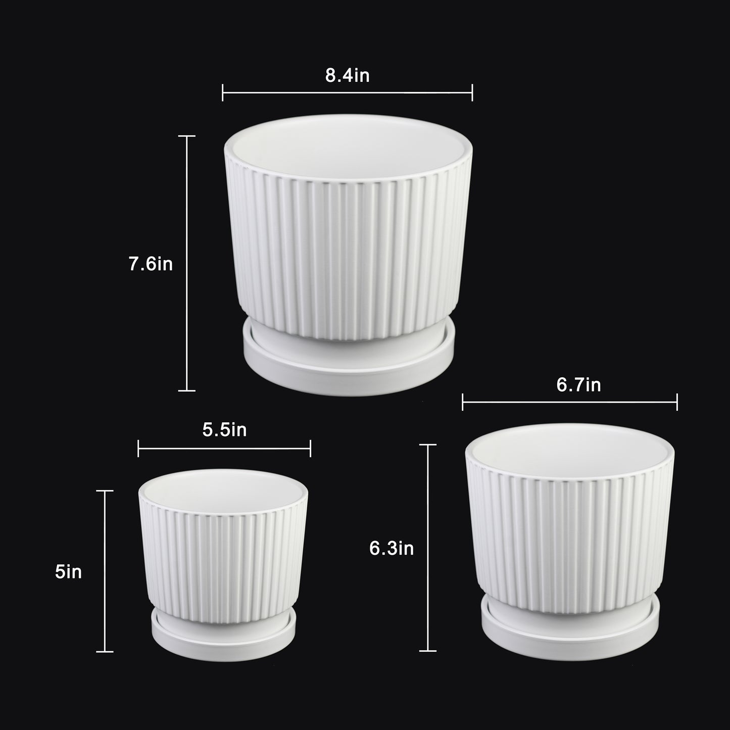 3-Piece White Ceramic Planter Pot Set with Vertical Ribbed Design & Saucers