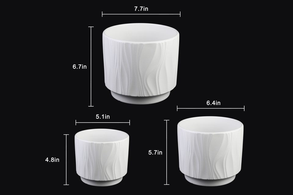 Textured White Ceramic Planters with Woodgrain Pattern – Set of 3 (without plant)