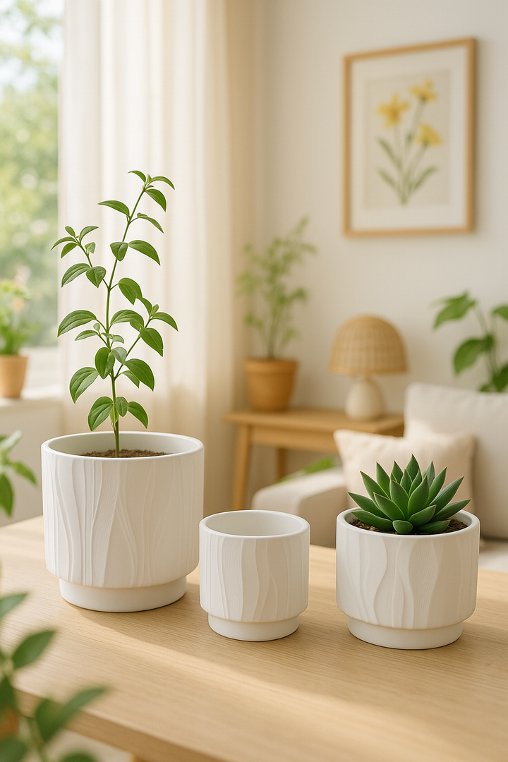 Textured White Ceramic Planters with Woodgrain Pattern – Set of 3 (without plant)
