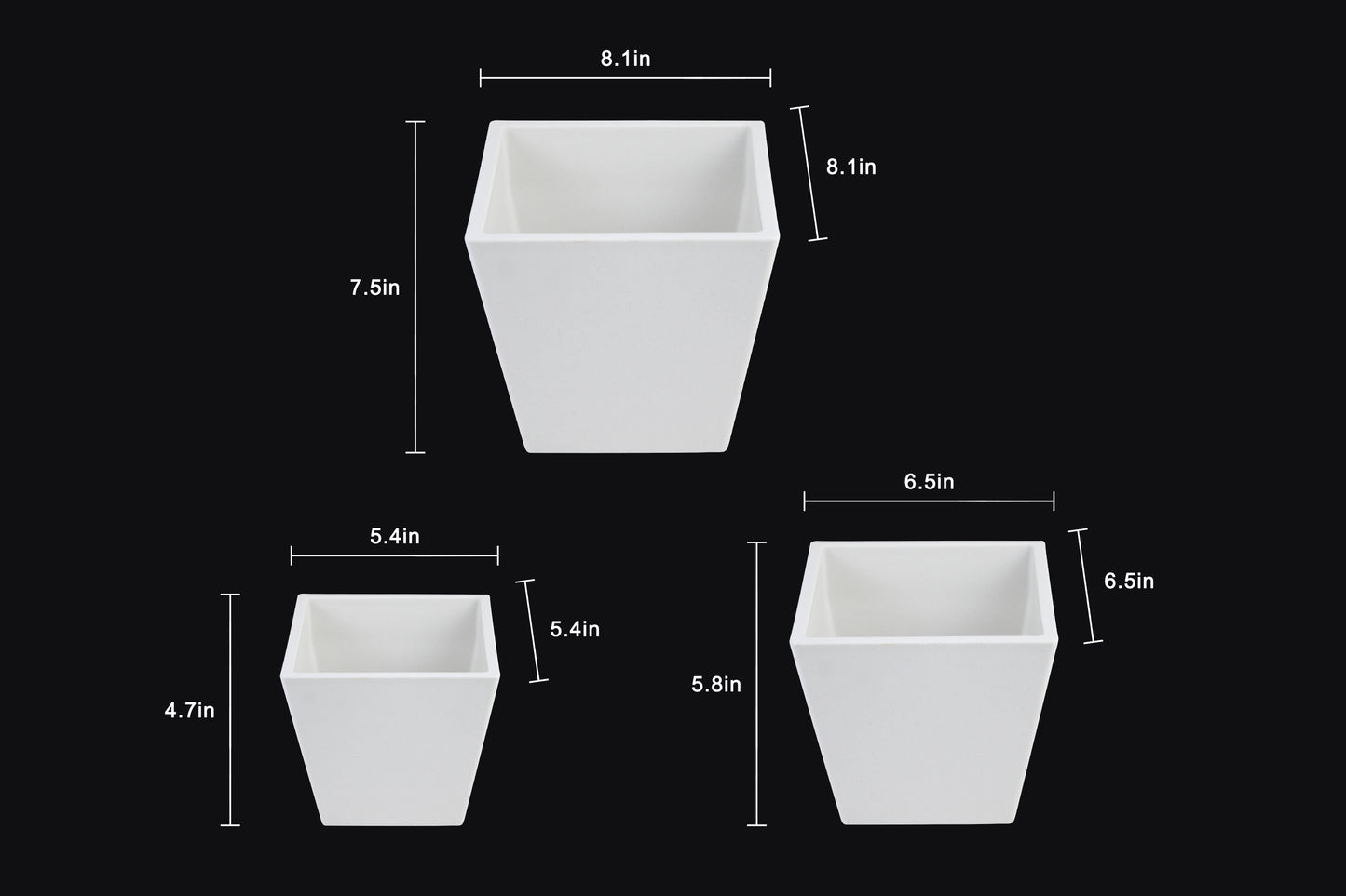 Florinia Square Tapered Planter Set – 3 Sizes 8.1"/6.6"/5.4" (Plastic, Matte Finish, Modern Neutrals) (without plants)