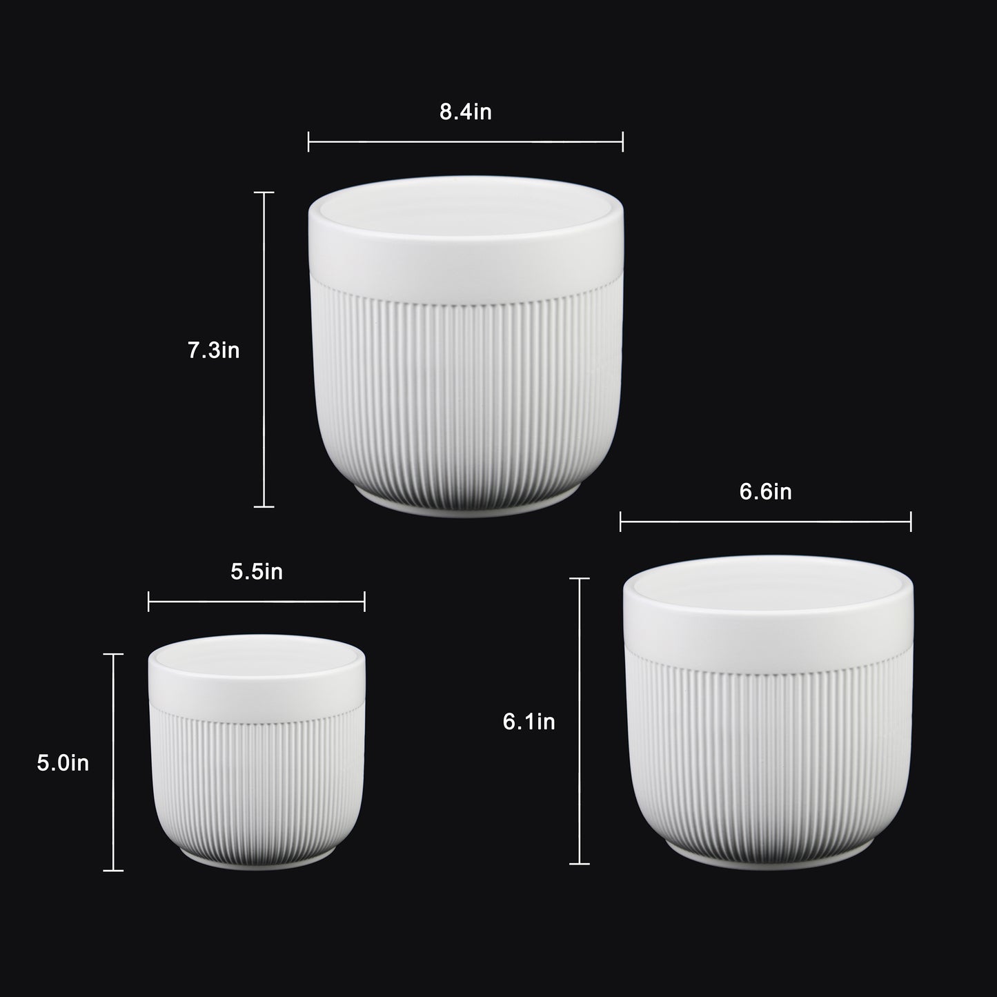 Florinia 3-Piece Stoneware Ribbed Ceramic Round White Flower Pots, 8.5" x 6.5" x 5.5"