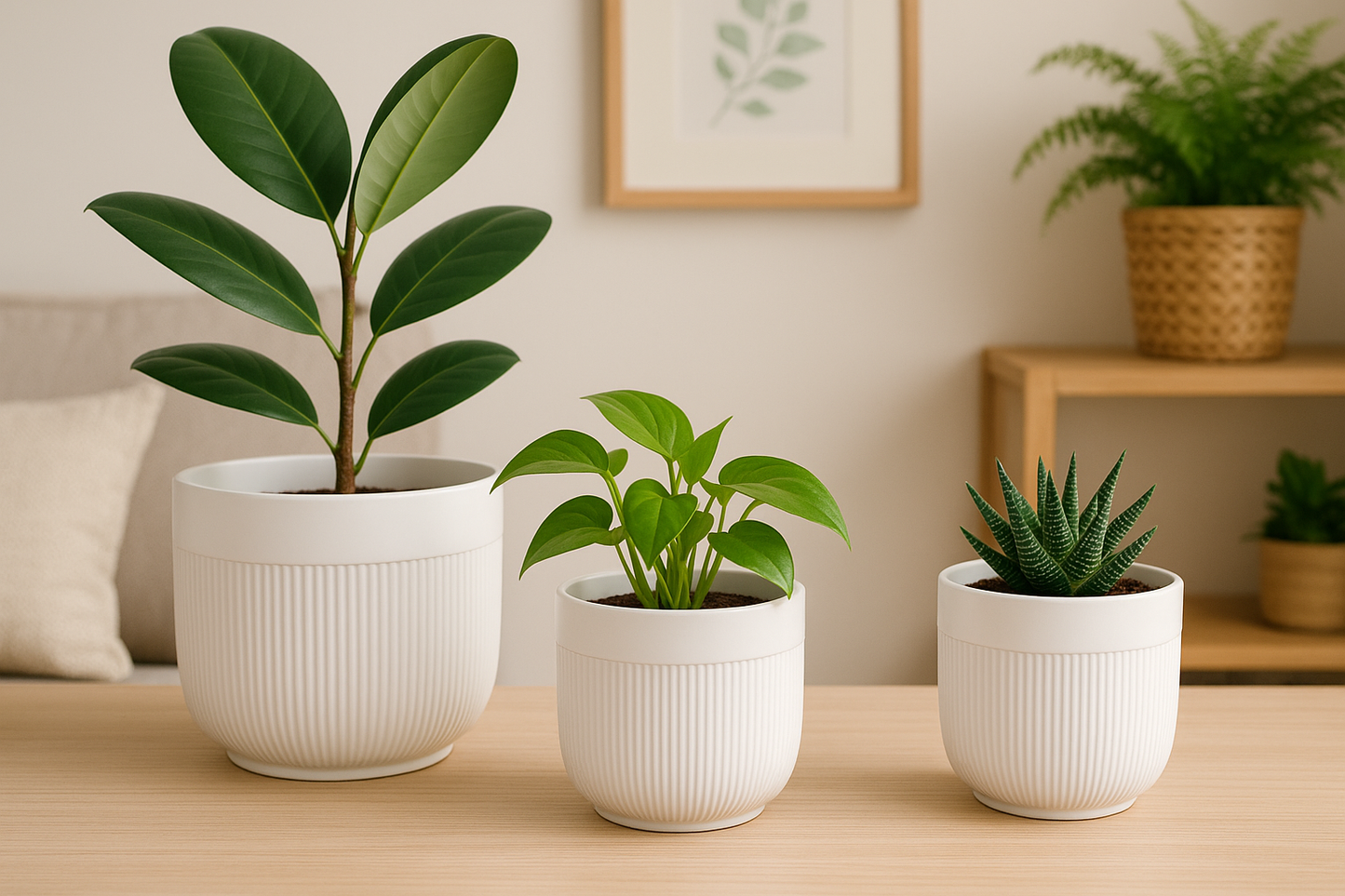 Florinia 3-Piece Stoneware Ribbed Ceramic Round White Flower Pots, 8.5" x 6.5" x 5.5"