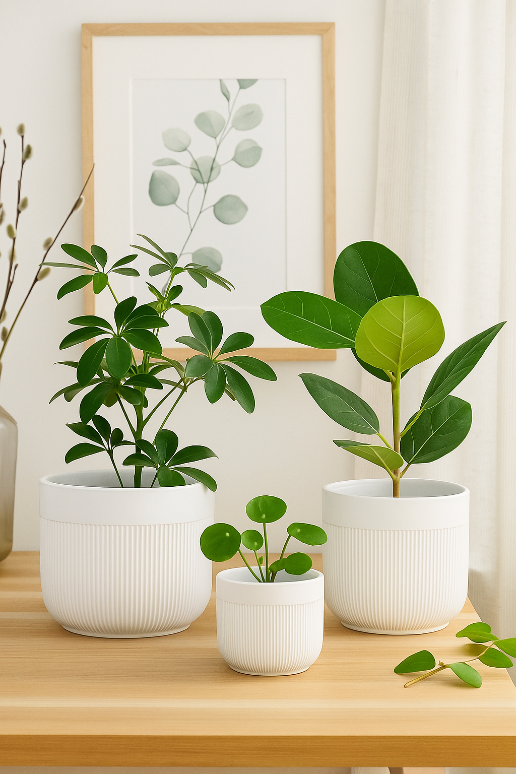 Florinia 3-Piece Stoneware Ribbed Ceramic Round White Flower Pots, 8.5" x 6.5" x 5.5"