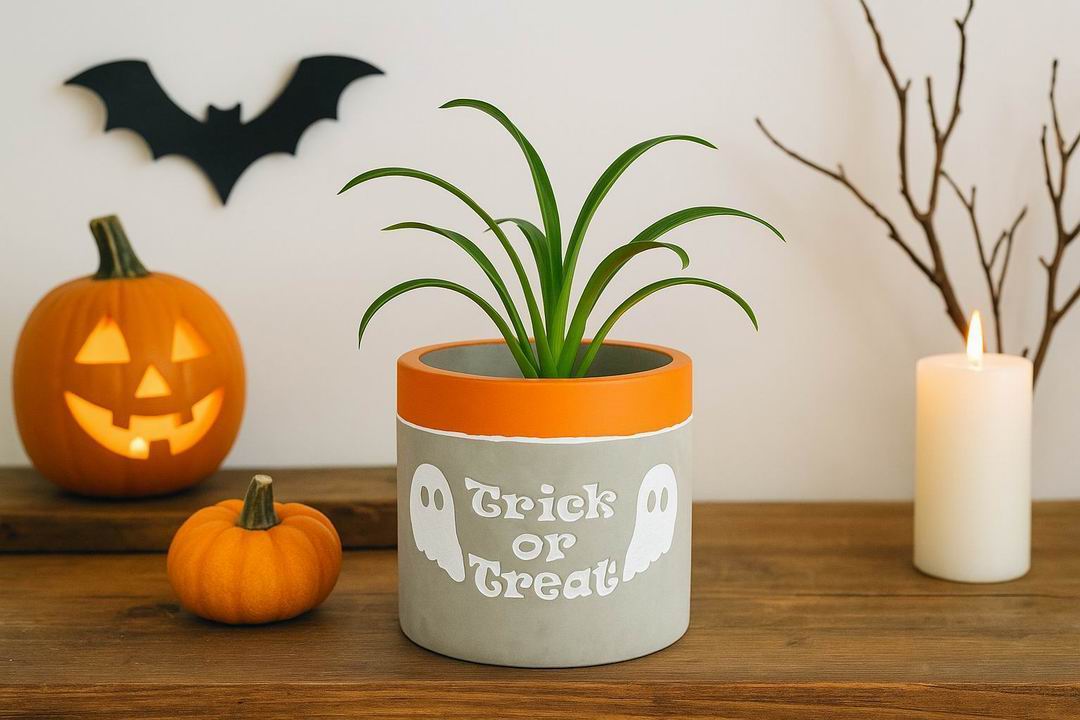“Trick or Treat” Concrete Pot with Ghost Motif – Planter or Votive