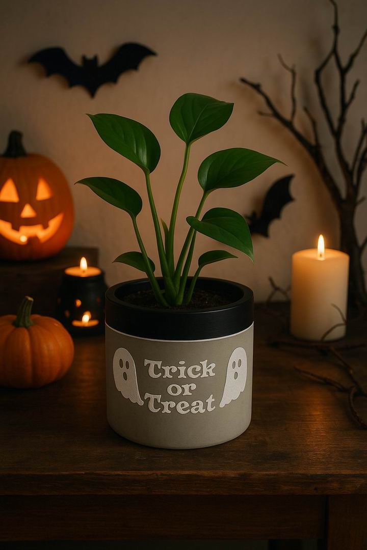 “Trick or Treat” Concrete Pot with Ghost Motif – Planter or Votive