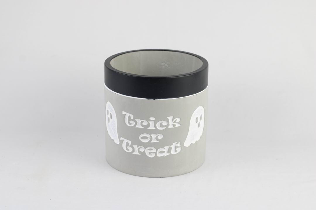 “Trick or Treat” Concrete Pot with Ghost Motif – Planter or Votive