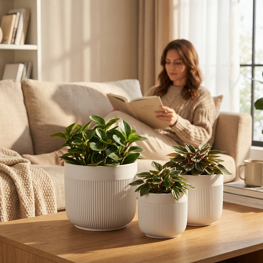 Woman reading a book on a couch with potted plants on a coffee table in the foreground.