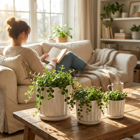 Woman reading a book on a couch with potted plants on a coffee table.