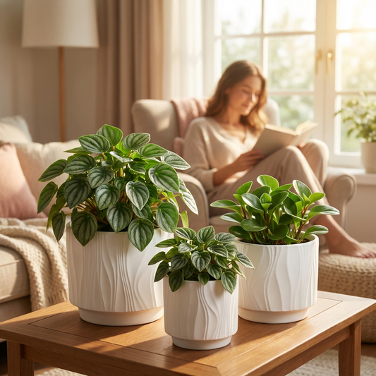 Three potted plants on a wooden coffee table with a person reading a book in the background.