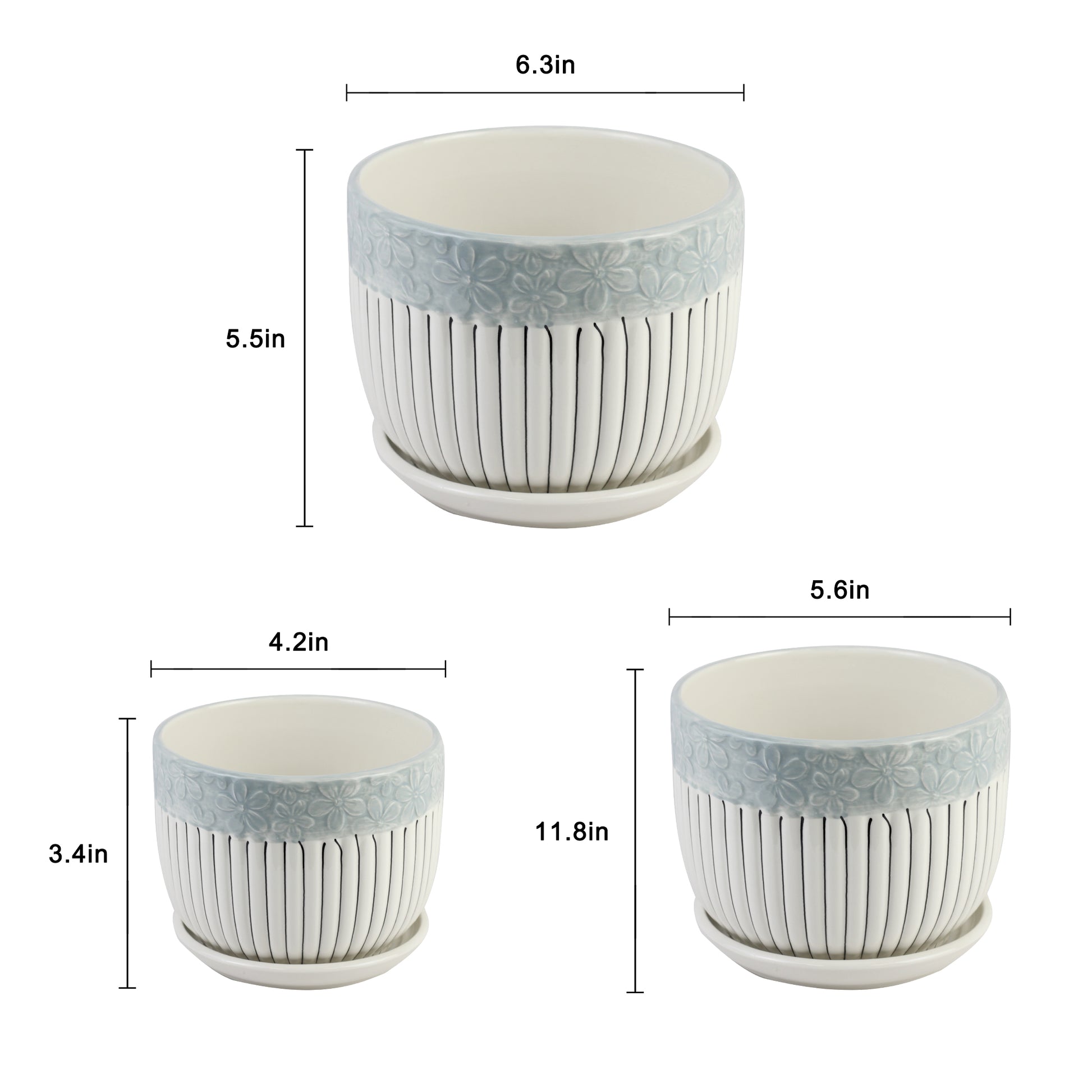 Set of three white planters with gray bands, shown with dimensions on a white background.
