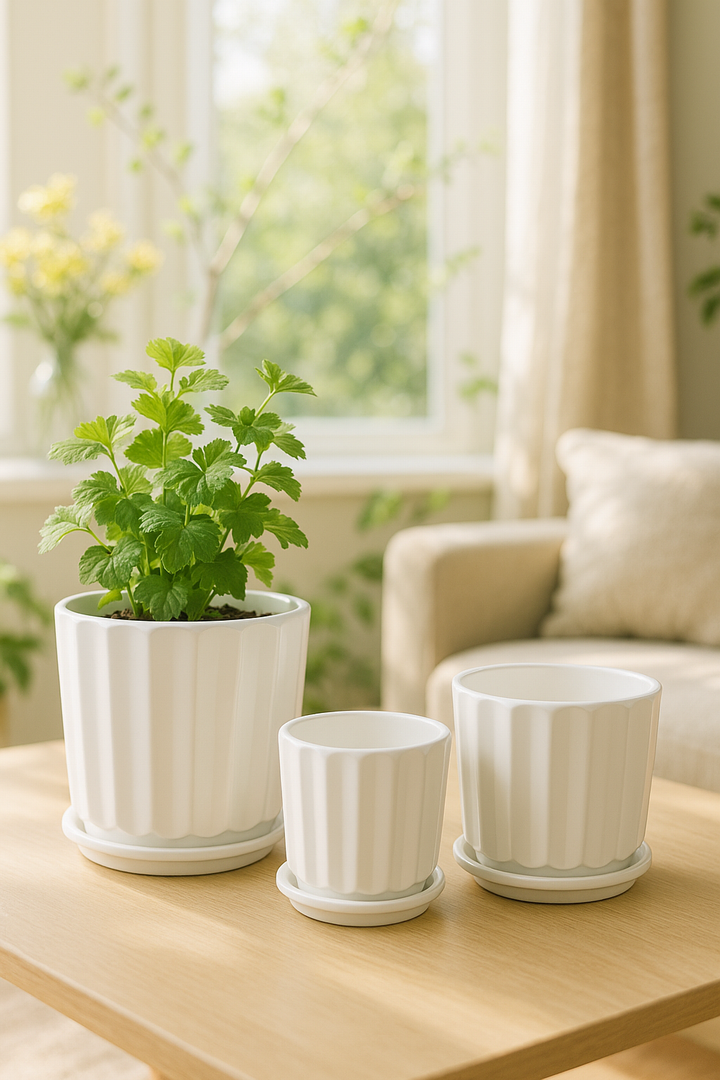 Elegant Ribbed White Ceramic Flower Pots – Set of 3 (without plants)