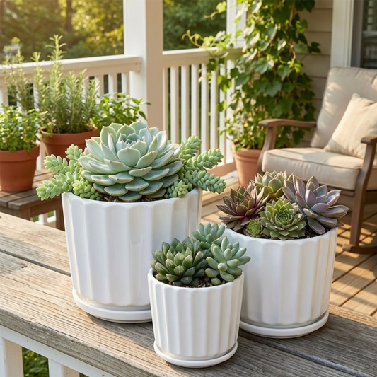 Potted succulents on a wooden table with a patio background