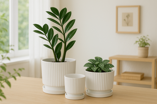 Set of 3 White Ceramic Planters with Saucers, Vertical Stripe Design