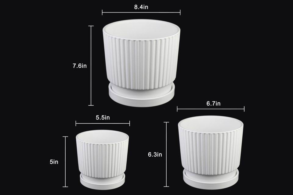 Set of 3 White Ceramic Planters with Saucers, Vertical Stripe Design