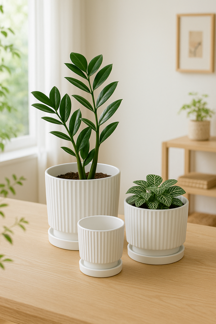 Set of 3 White Ceramic Planters with Saucers, Vertical Stripe Design