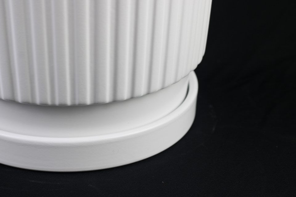Set of 3 White Ceramic Planters with Saucers, Vertical Stripe Design