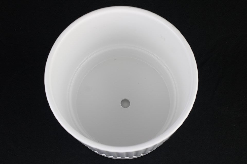 Set of 3 White Ceramic Planters with Saucers, Vertical Stripe Design
