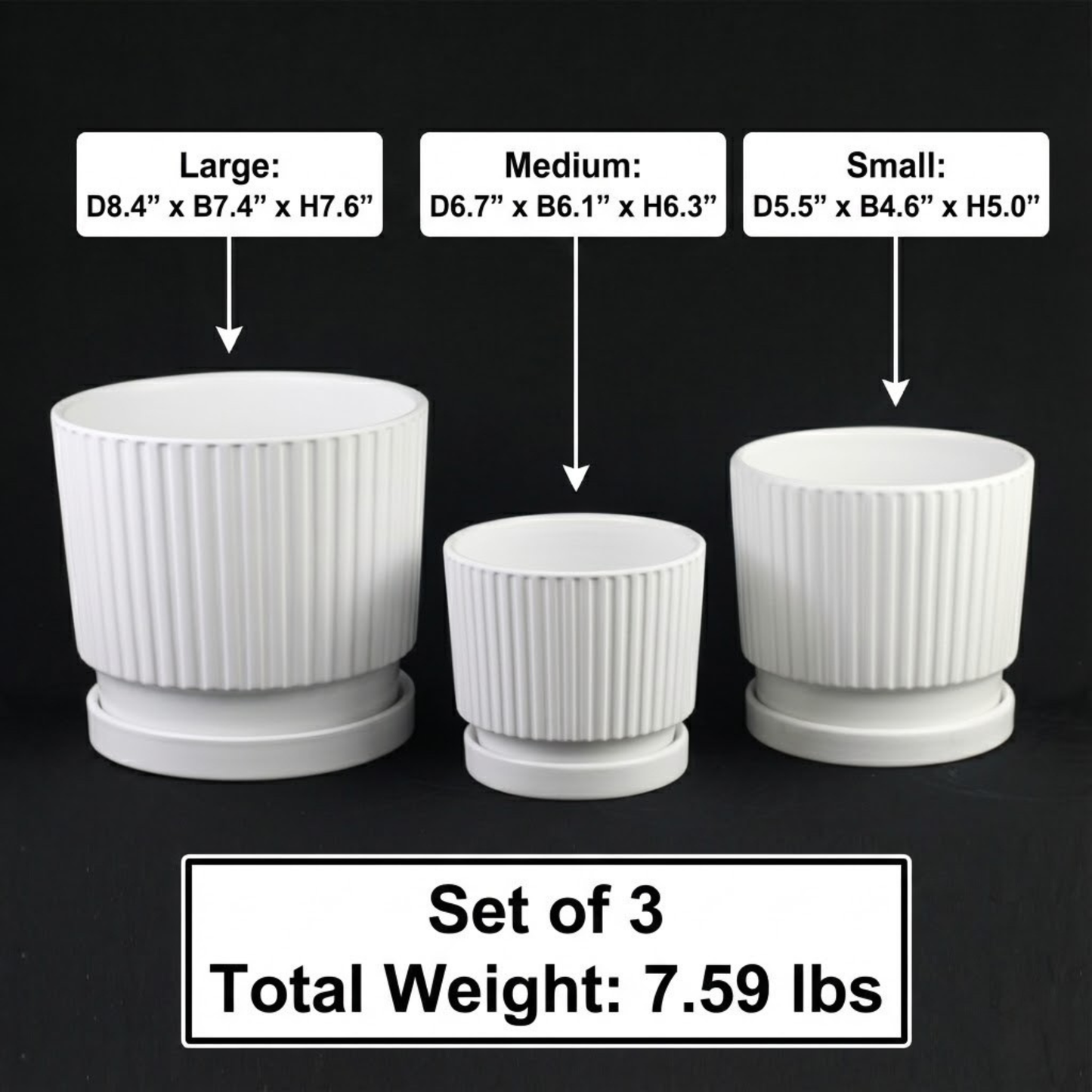3-Piece White Ceramic Planter Pot Set with Vertical Ribbed Design & Saucers