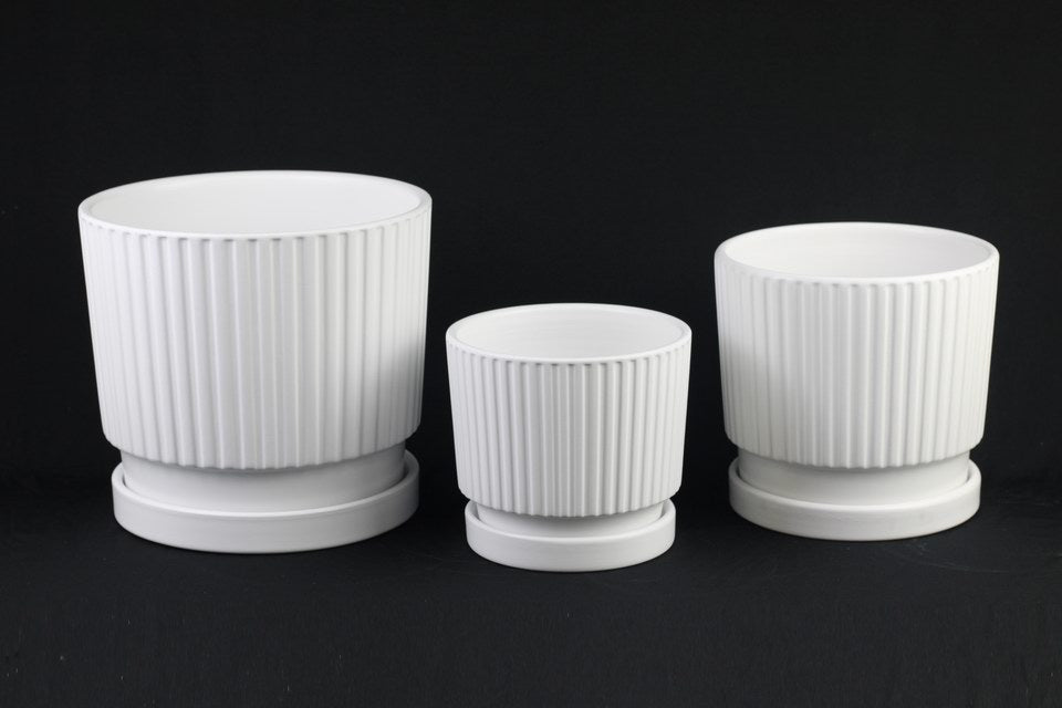 Set of 3 White Ceramic Planters with Saucers, Vertical Stripe Design