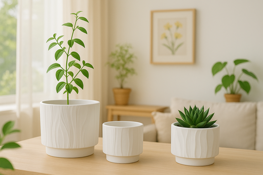 Textured White Ceramic Planters with Woodgrain Pattern – Set of 3 (without plant)