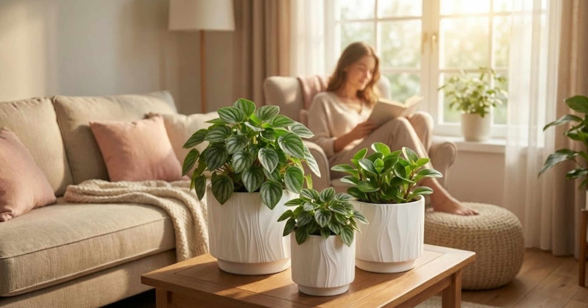 Woman reading a book in a cozy living room with potted plants on a coffee table.