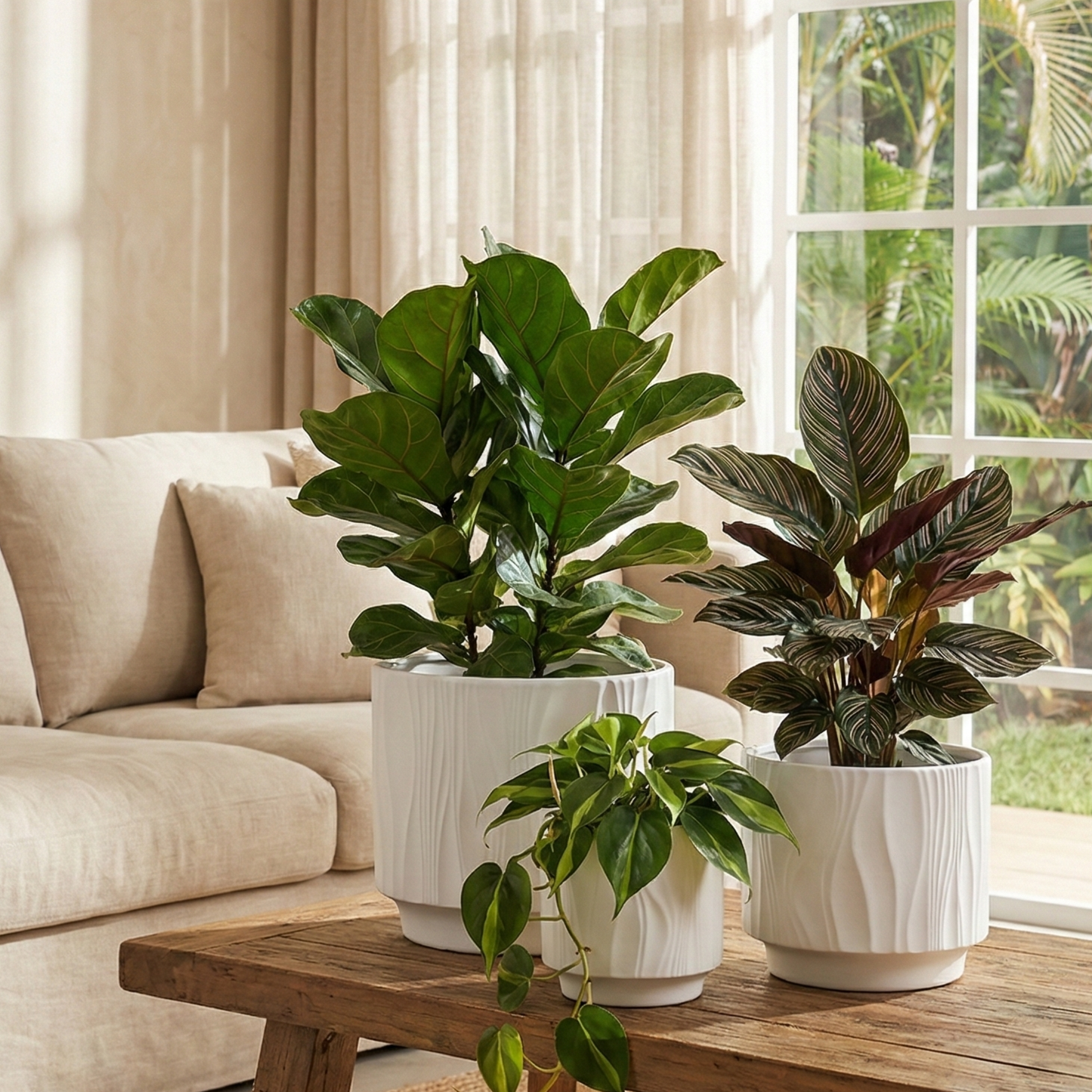 Three potted plants on a wooden coffee table in a living room with a beige sofa and large window.