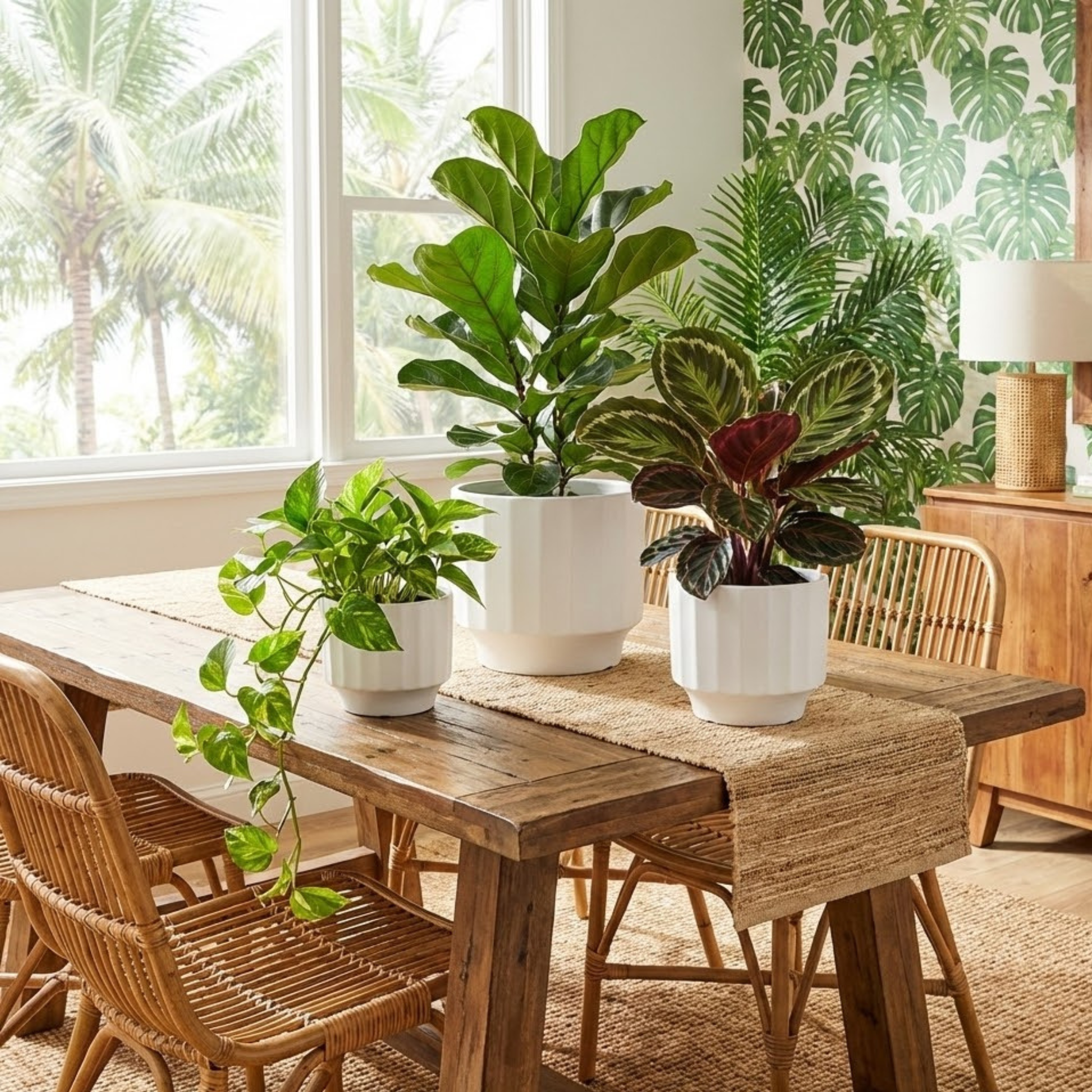 Dining room with a wooden table and chairs, featuring potted plants on the table.