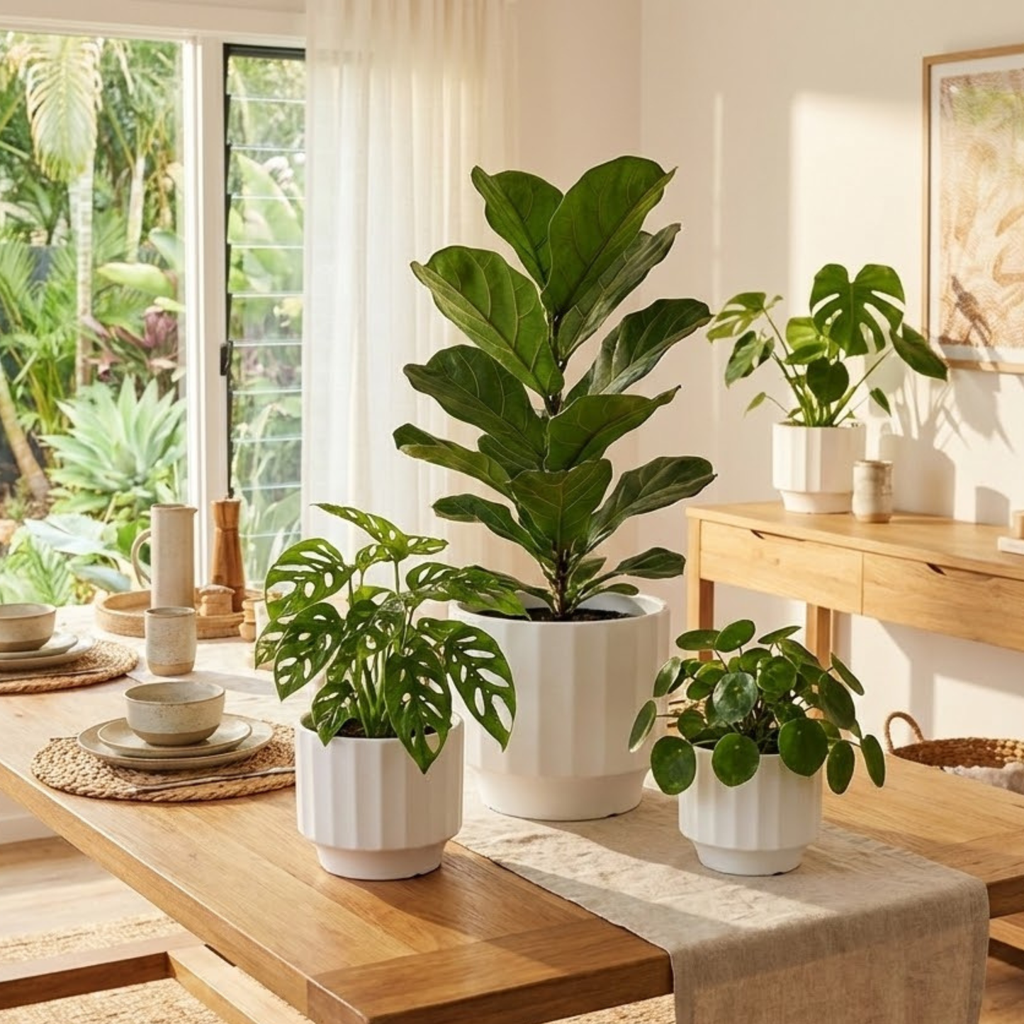 Potted plants on a wooden table with a bright, sunlit room in the background