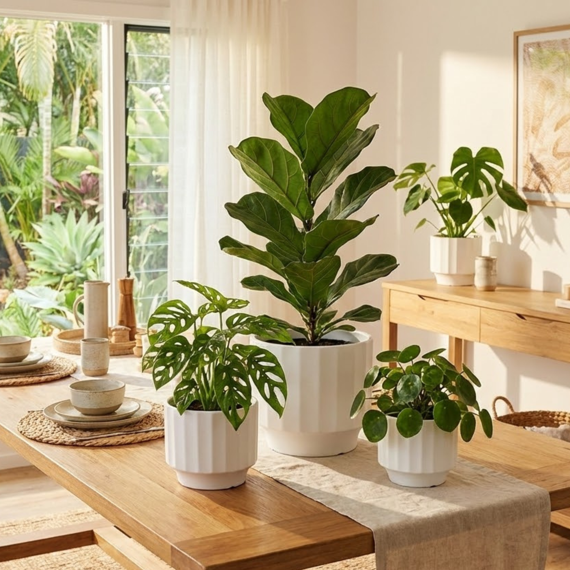 Potted plants on a wooden table with a bright, sunlit room in the background