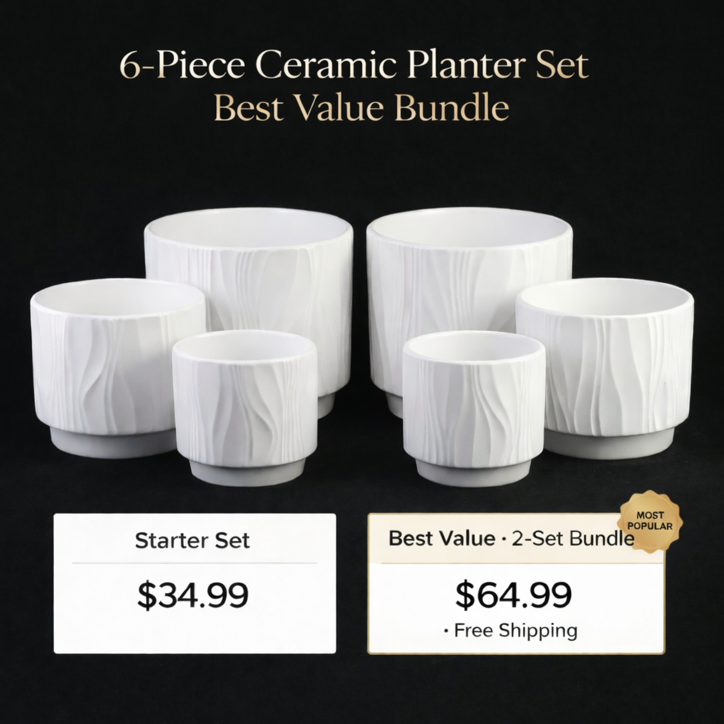 3-Piece White Stoneware Planter Pot Set with Embossed Texture