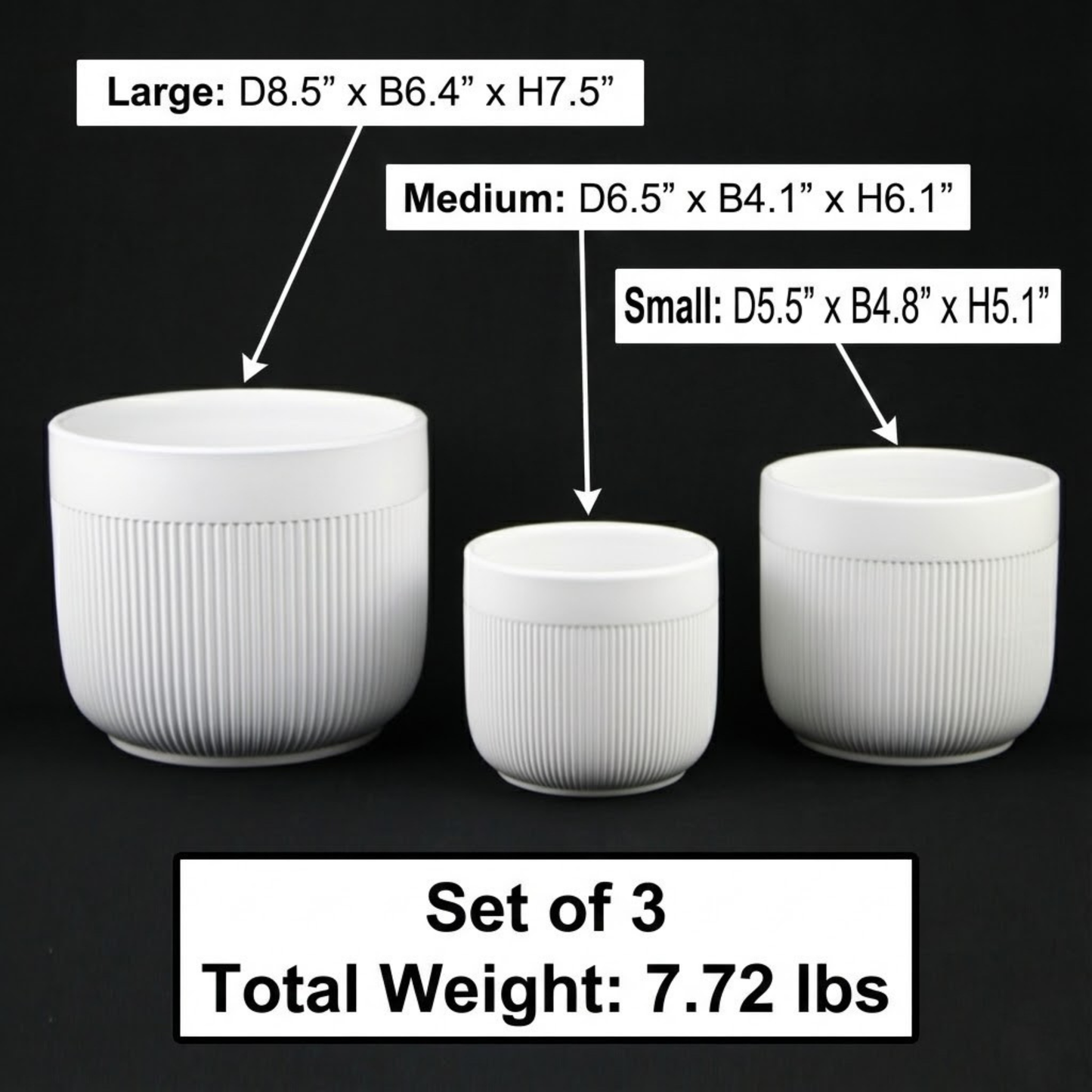 3-Piece White Stoneware Planter Pot Set with Vertical Line Texture