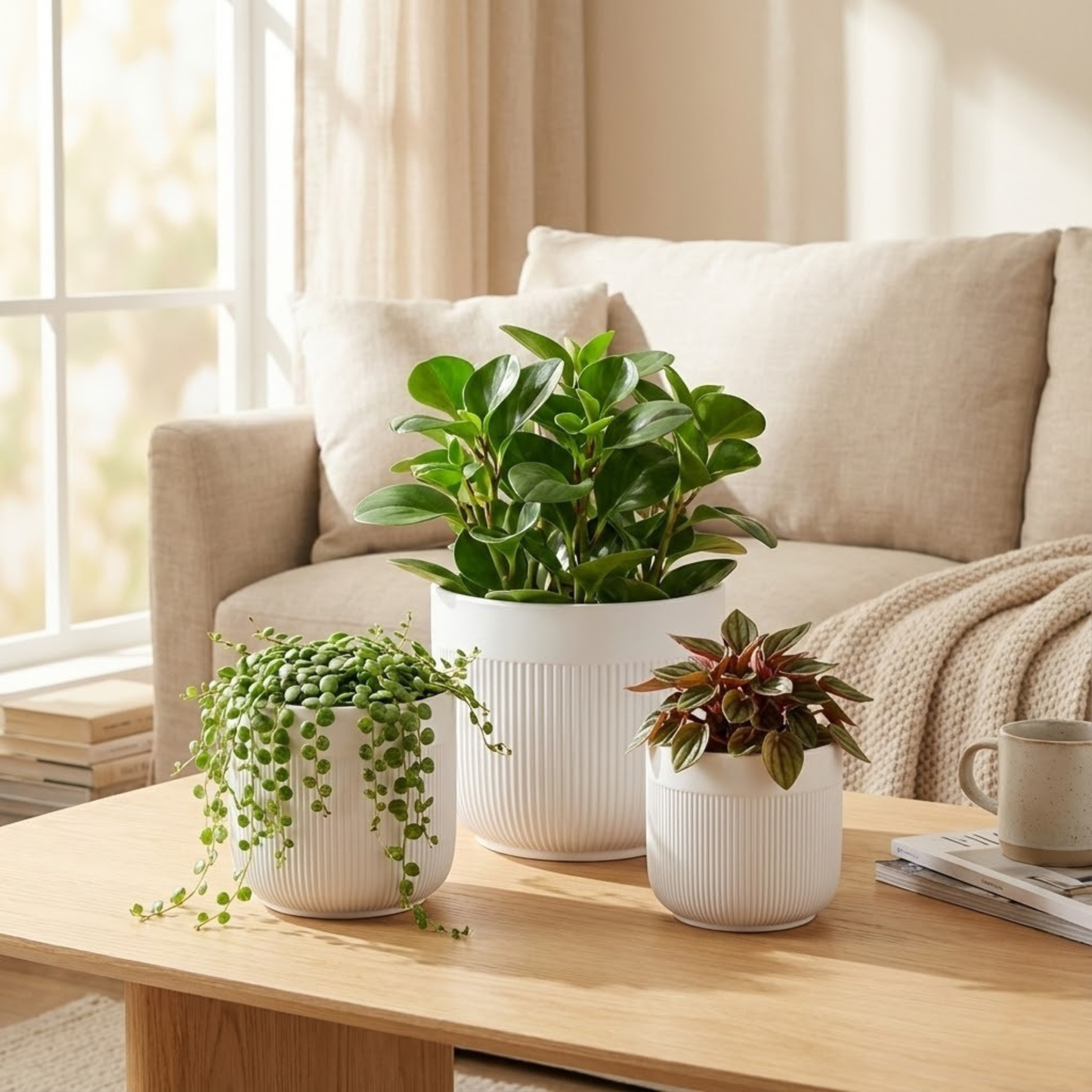 Three potted plants on a wooden coffee table in a living room with a beige sofa and large window.