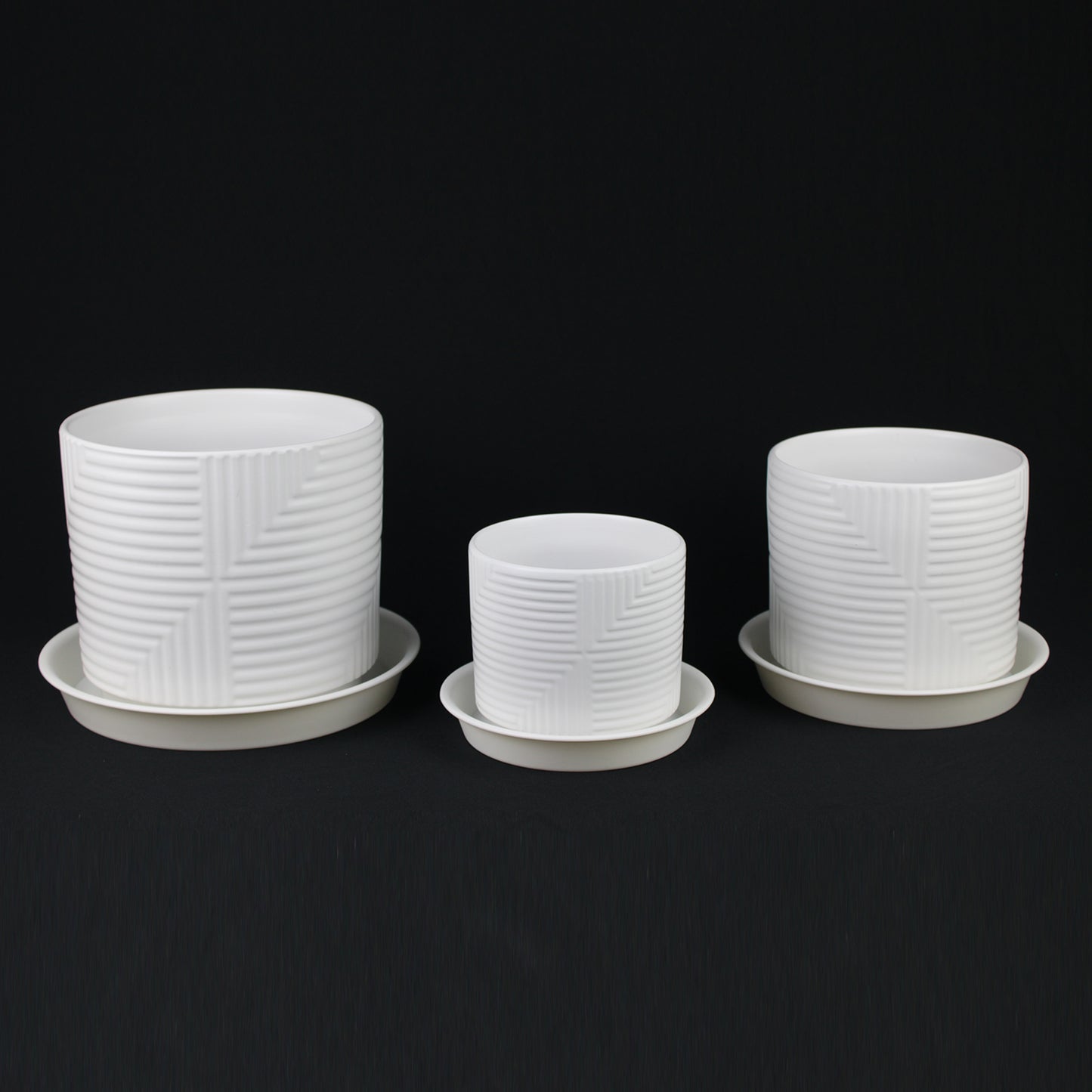 3-Piece White Stoneware Planter Set with Geometric Line Design