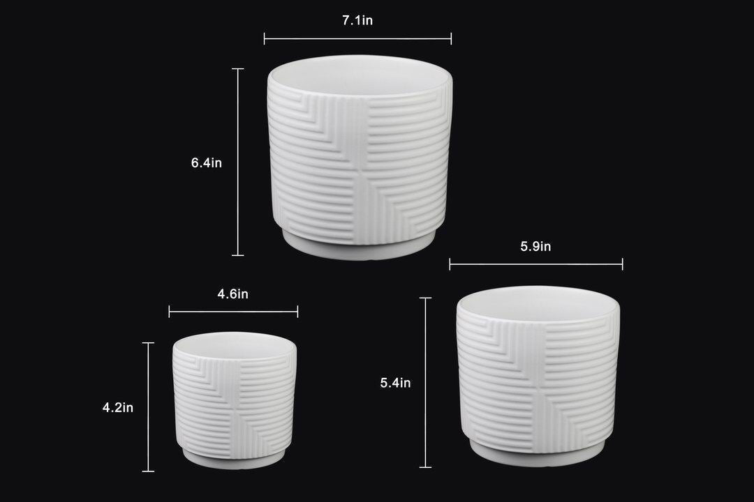 Modern White Stoneware Plant Pots – Geometric Design with Drainage Hole (Set of 3 Sizes)