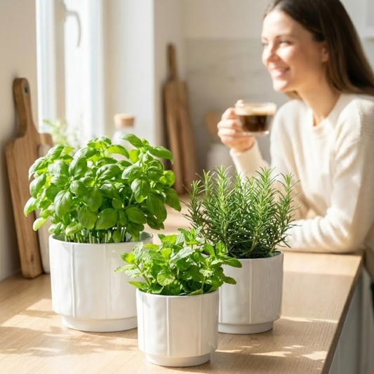 Woman sitting at a table with potted plants and a cup of tea in a bright room.