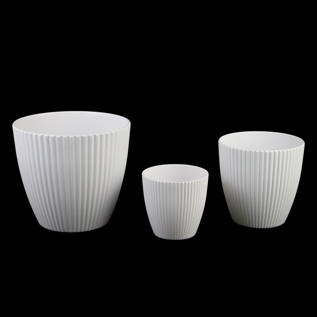 Set of 3 Tapered Ribbed Melamine Planters, Matte White Indoor Plant Pots (7.2", 5.3", 4.0")