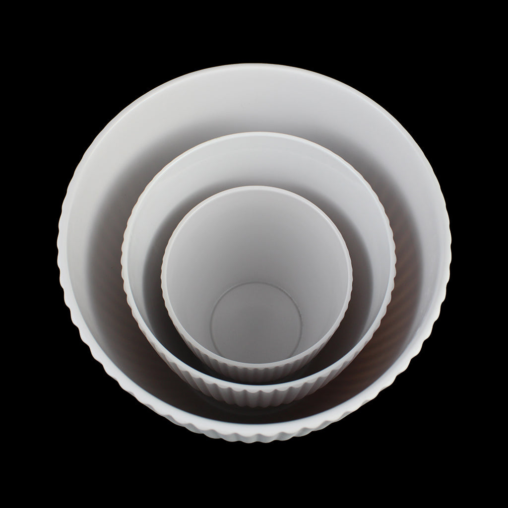 Set of 3 Tapered Ribbed Melamine Planters, Matte White Indoor Plant Pots (7.2", 5.3", 4.0")