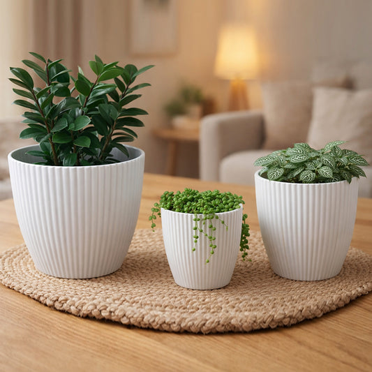 Set of 3 Tapered Ribbed Melamine Planters, Matte White Indoor Plant Pots (7.2", 5.3", 4.0")
