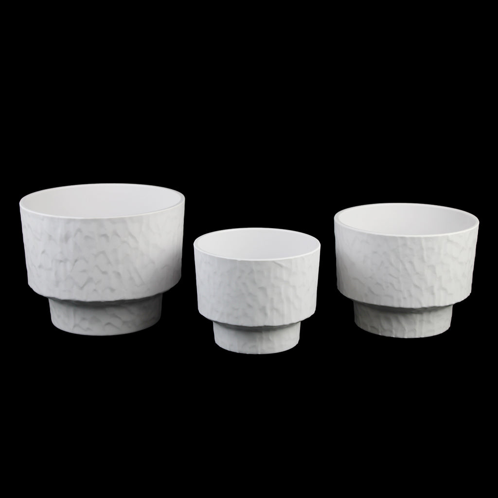 Set of 3 Textured Melamine Planters with Pedestal Base, Matte White Indoor Plant Pots (7.5", 6.5", 5.5")