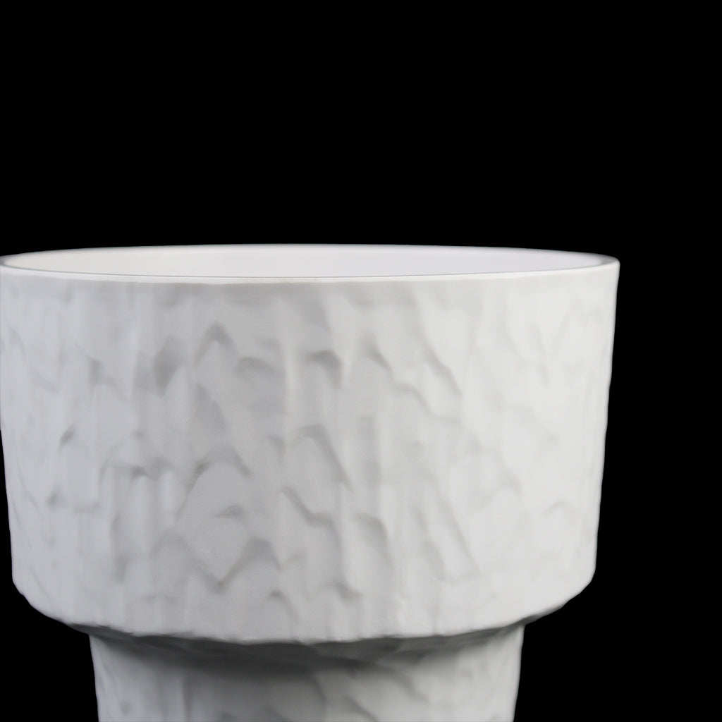 Set of 3 Textured Melamine Planters with Pedestal Base, Matte White Indoor Plant Pots (7.5", 6.5", 5.5")