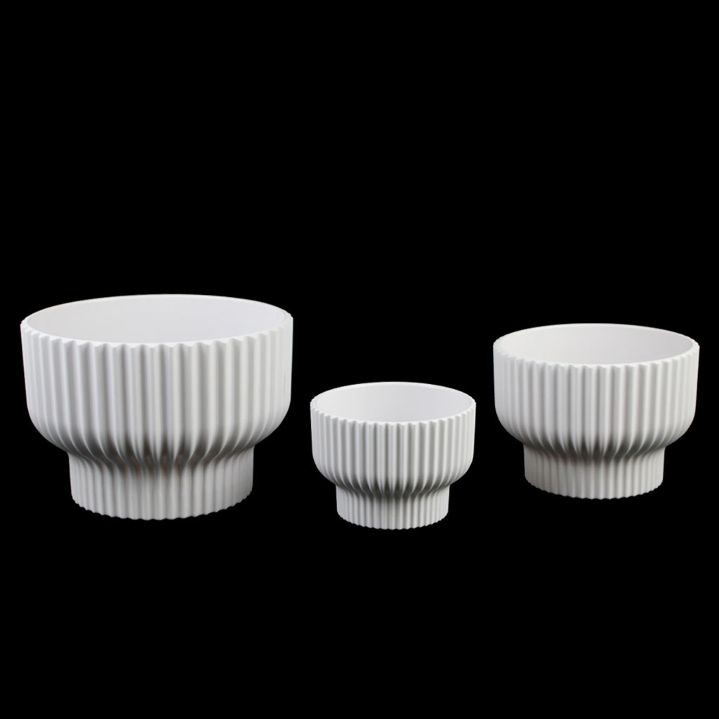 Set of 3 Modern Ribbed Melamine Planters, Matte White Indoor Plant Pots with Pedestal Base (7.7", 5.8", 4.5")