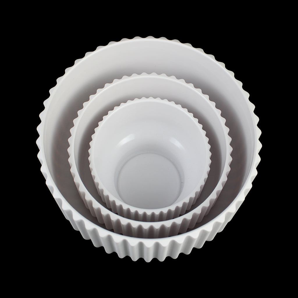 Set of 3 Modern Ribbed Melamine Planters, Matte White Indoor Plant Pots with Pedestal Base (7.7", 5.8", 4.5")