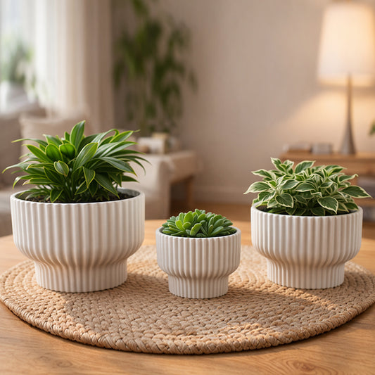 Set of 3 Modern Ribbed Melamine Planters, Matte White Indoor Plant Pots with Pedestal Base (7.7", 5.8", 4.5")