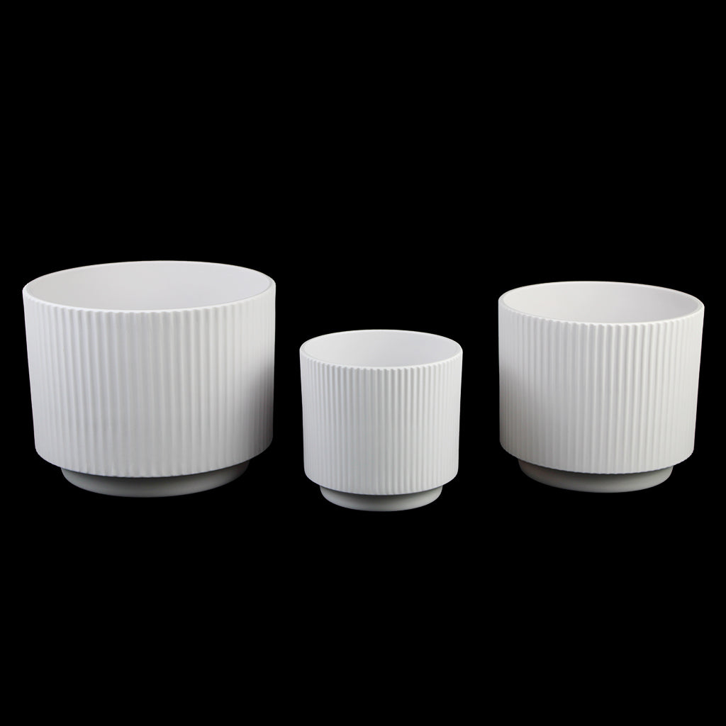 Set of 3 Ribbed Melamine Planters with Footed Base, Matte White Indoor Plant Pots (8", 6.5", 4.9")