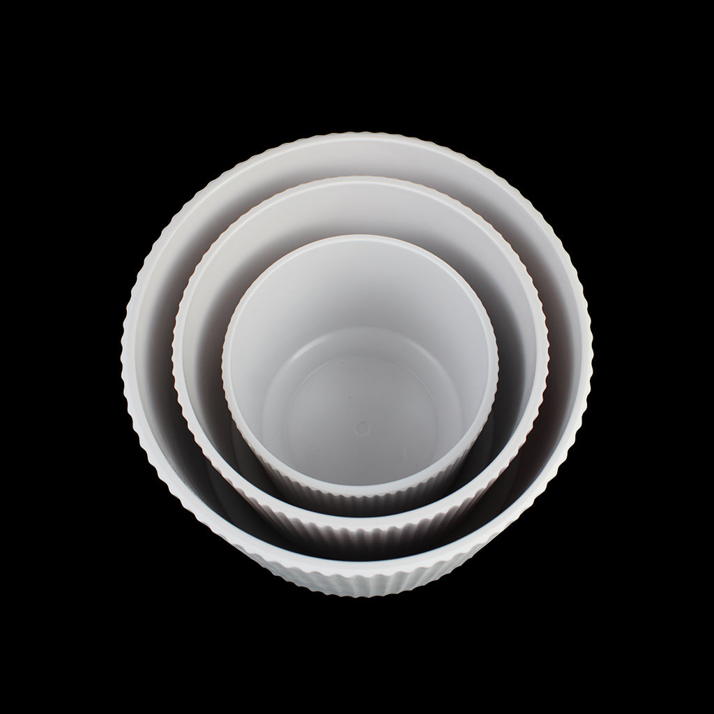 Set of 3 Ribbed Melamine Planters with Footed Base, Matte White Indoor Plant Pots (8", 6.5", 4.9")