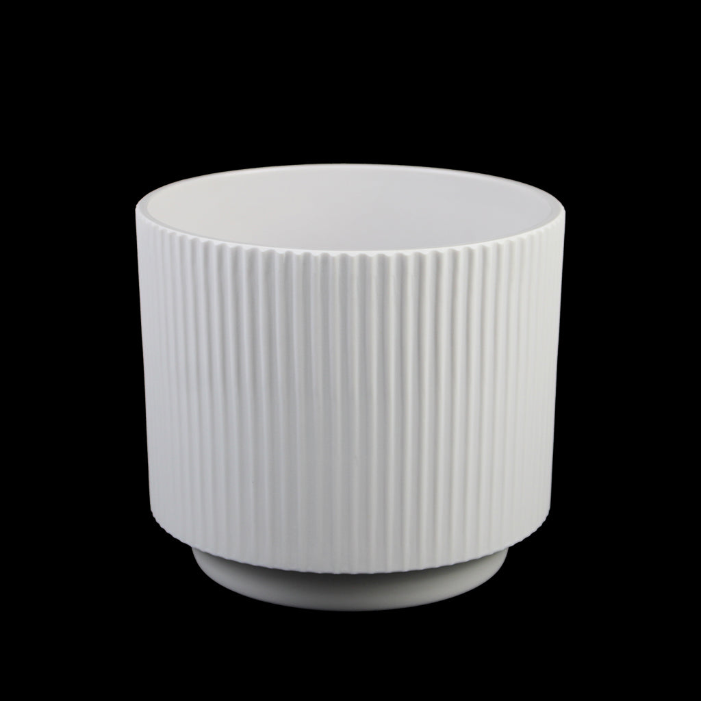 Set of 3 Ribbed Melamine Planters with Footed Base, Matte White Indoor Plant Pots (8", 6.5", 4.9")