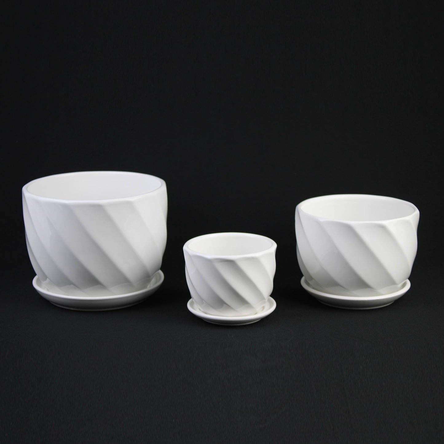 Florinia Spiral White Ceramic Planter Set with Saucers – Modern Dolomite Indoor Plant Pots (Set of 3)