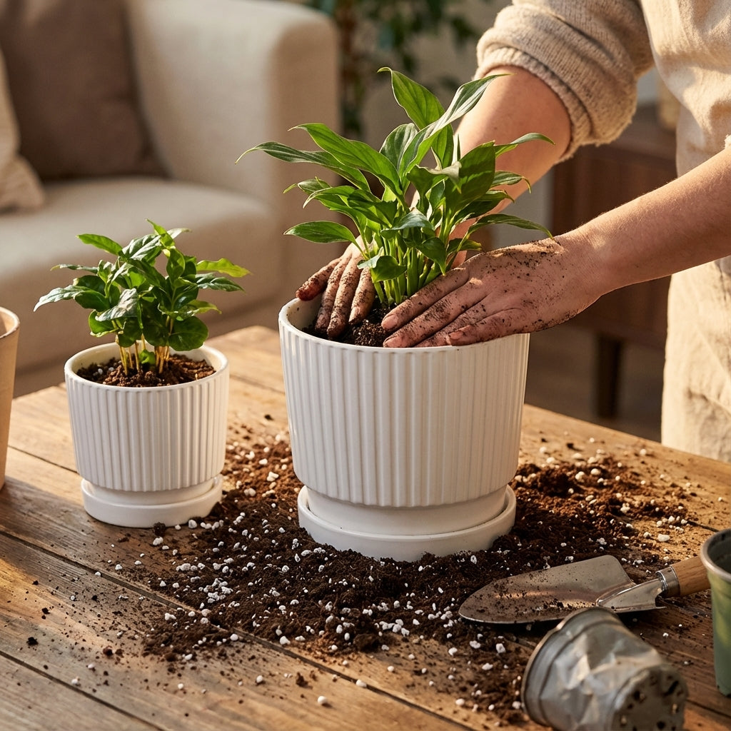 Person repotting a plant on a wooden table with gardening tools.